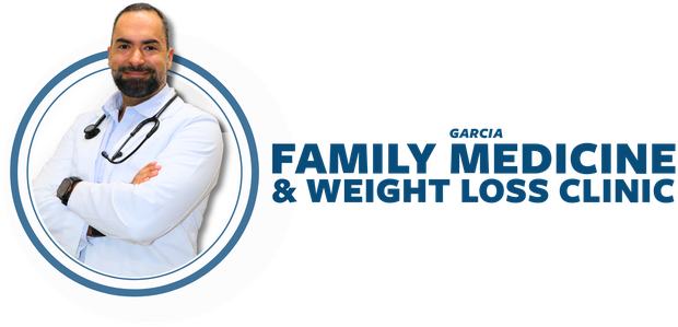 Garcia Family Medicine & Weight Loss Clinic logo with doctor portrait and blue text