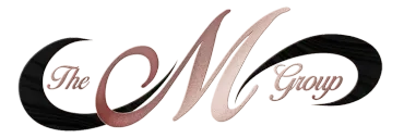 Stylized “The M Group” logo in black and rose script on a white background