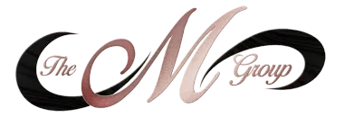 Stylized “The M Group” logo in black and rose script on a white background