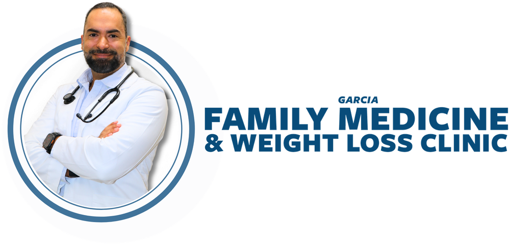 Garcia Family Medicine & Weight Loss Clinic logo with doctor portrait and blue text
