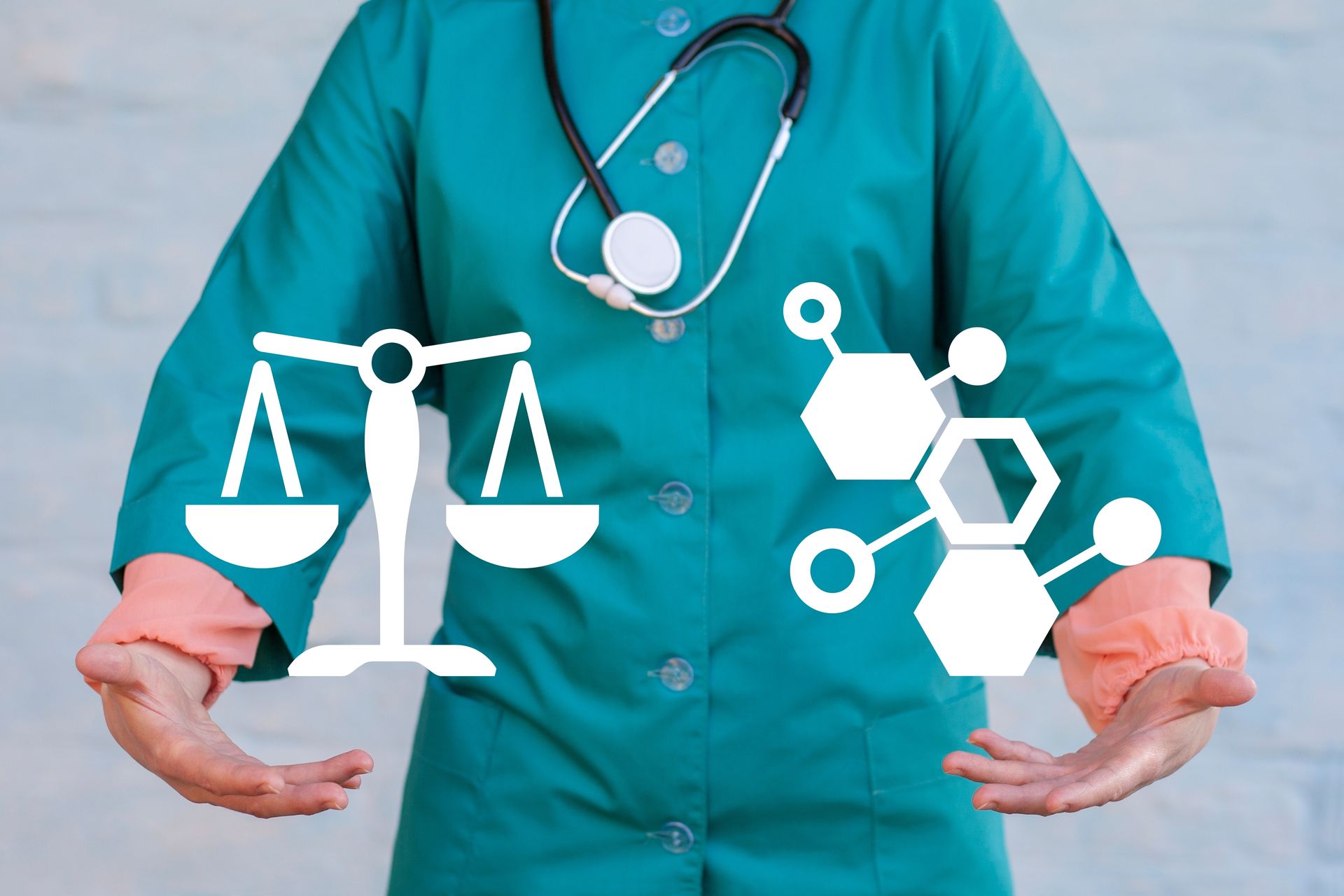 Doctor in green scrubs holding icons of legal scales and a molecule, symbolizing medical law and science
